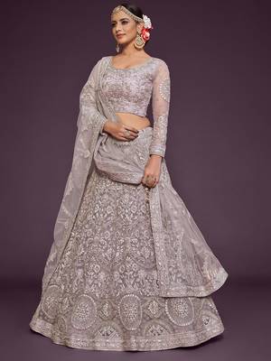 Light Lilac Net Thread Work Semi Stitched Ethnic Wedding Lehenga Choli  1