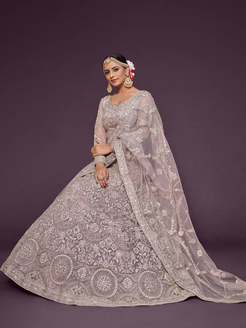 Light Lilac Net Thread Work Semi Stitched Ethnic Wedding Lehenga Choli 