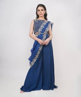 Royal Blue Pant Saree Set 1
