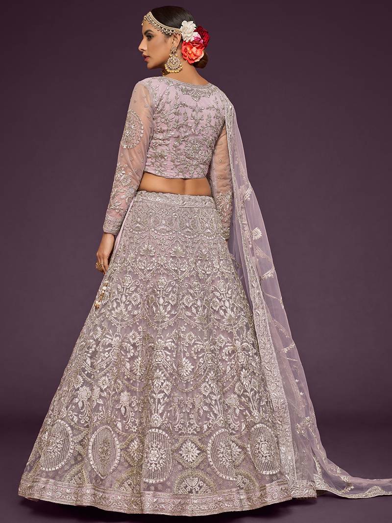 Light Lilac Net Thread Work Semi Stitched Ethnic Wedding Lehenga Choli 