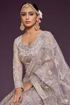 Light Lilac Net Thread Work Semi Stitched Ethnic Wedding Lehenga Choli 
