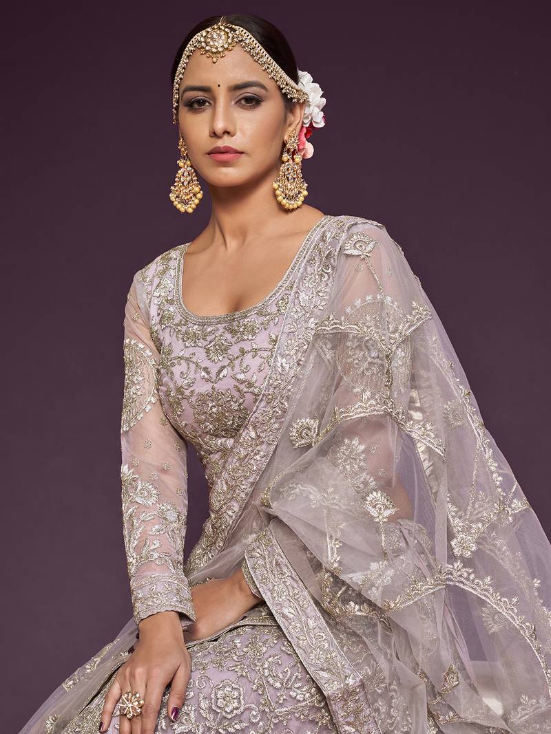 Light Lilac Net Thread Work Semi Stitched Ethnic Wedding Lehenga Choli 