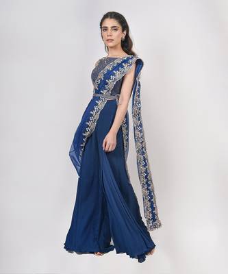 Royal Blue Pant Saree Set 2