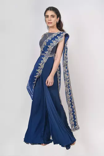 Royal Blue Pant Saree Set