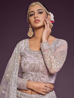 Light Lilac Net Thread Work Semi Stitched Ethnic Wedding Lehenga Choli  6
