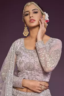 Light Lilac Net Thread Work Semi Stitched Ethnic Wedding Lehenga Choli 