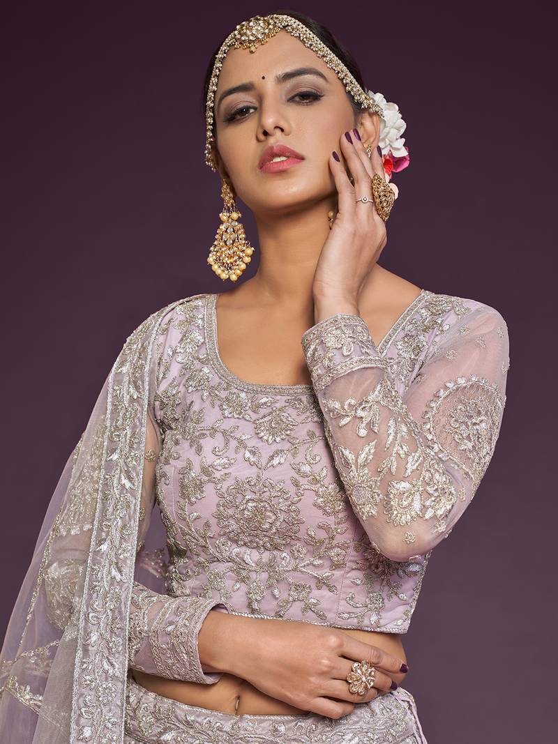 Light Lilac Net Thread Work Semi Stitched Ethnic Wedding Lehenga Choli 