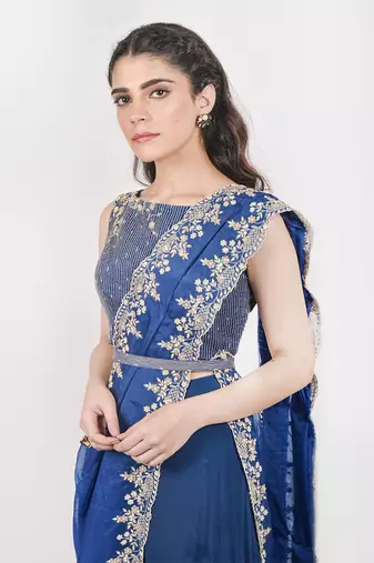 Royal Blue Pant Saree Set