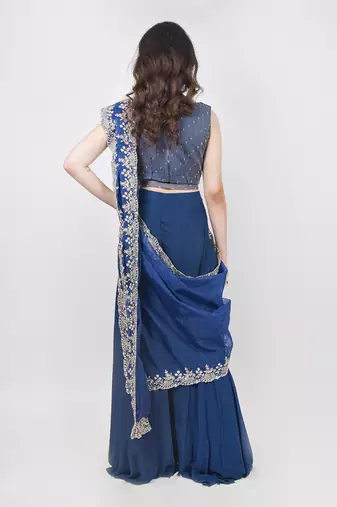 Royal Blue Pant Saree Set