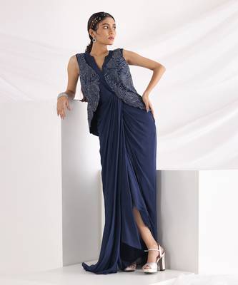 Midnight Blue Drape Gown With Jacket 1