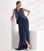 Midnight Blue Drape Gown With Jacket