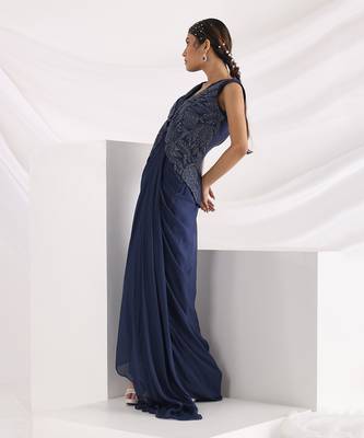Midnight Blue Drape Gown With Jacket 2