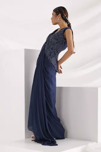 Midnight Blue Drape Gown With Jacket