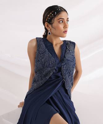 Midnight Blue Drape Gown With Jacket 3