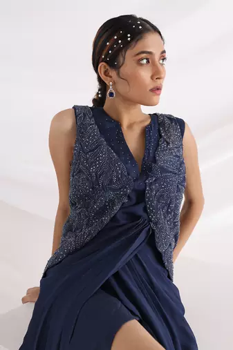 Midnight Blue Drape Gown With Jacket