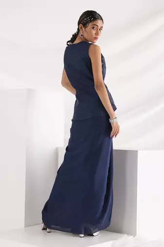 Midnight Blue Drape Gown With Jacket
