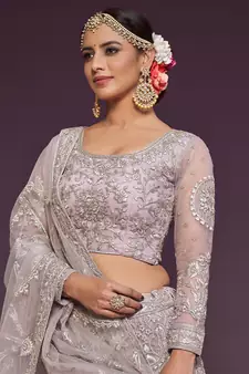 Light Lilac Net Thread Work Semi Stitched Ethnic Wedding Lehenga Choli 