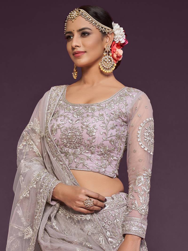 Light Lilac Net Thread Work Semi Stitched Ethnic Wedding Lehenga Choli 