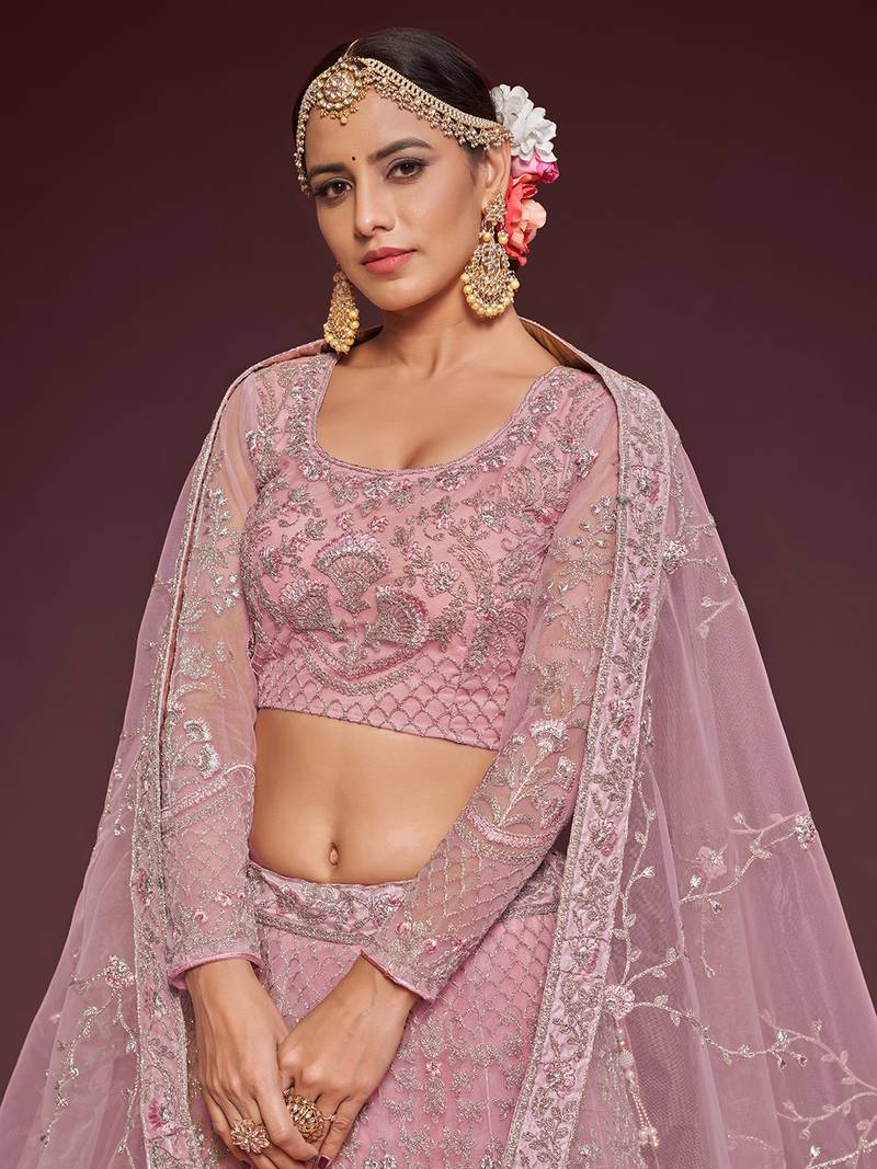Light Pink Net Threadwork Lehenga