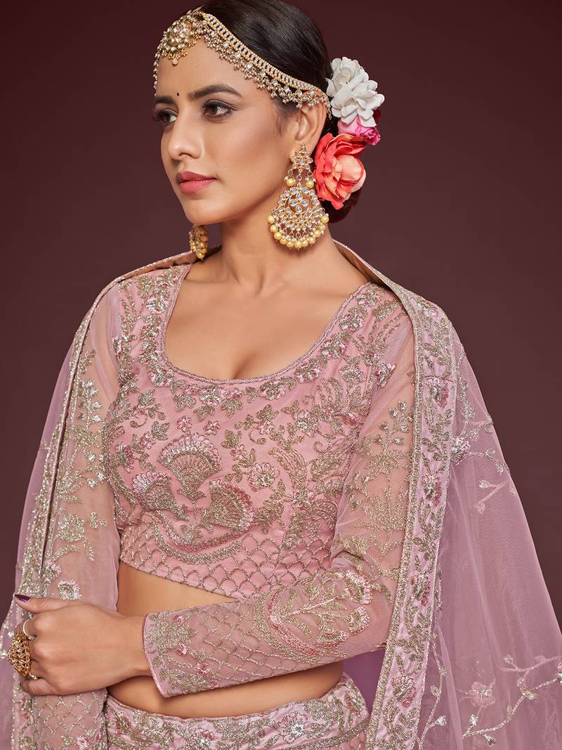 Light Pink Net Threadwork Lehenga
