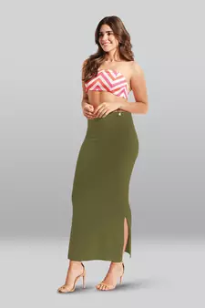 Green Cotton Plain Bodycon Slit Maxi Skirt