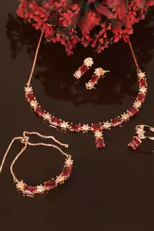 Rose Gold Plated Hydro Ruby Stone Embellished CZ Necklace 317FNN323