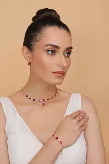 Rose Gold Plated Hydro Ruby Stone Embellished CZ Necklace 317FNN323