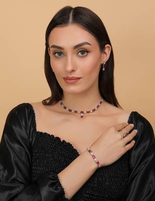 Rhodium Plated Hydro Ruby Stone Embellished CZ Necklace 317FNN327  1