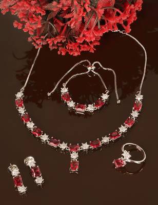 Rhodium Plated Hydro Ruby Stone Embellished CZ Necklace 317FNN327  3