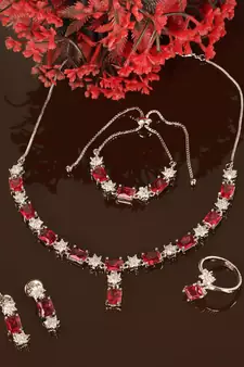 Rhodium Plated Hydro Ruby Stone Embellished CZ Necklace 317FNN327 