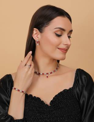 Rhodium Plated Hydro Ruby Stone Embellished CZ Necklace 317FNN327  4