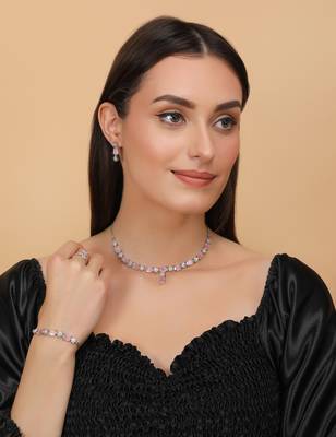 Rhodium Plated Pink Stone Embellished CZ Necklace 317FNN328 2