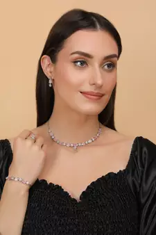 Rhodium Plated Pink Stone Embellished CZ Necklace 317FNN328