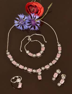 Rhodium Plated Pink Stone Embellished CZ Necklace 317FNN328 1