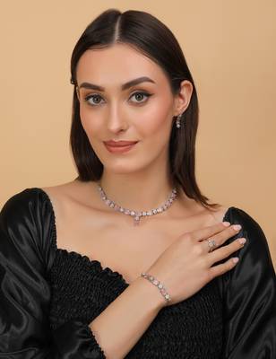 Rhodium Plated Pink Stone Embellished CZ Necklace 317FNN328 3