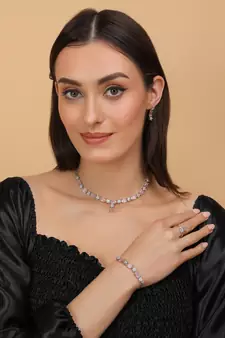 Rhodium Plated Pink Stone Embellished CZ Necklace 317FNN328