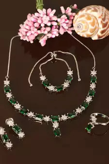 Rhodium Plated Green Stone Embellished CZ Necklace 317FNN329