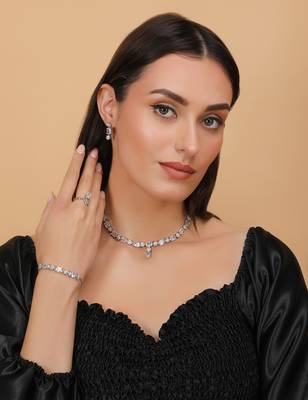 Rhodium Plated White Stone Embellished CZ Necklace 317FNN330 4