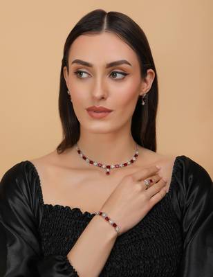 Rhodium Plated Red Stone Embellished CZ Necklace 317FNN331 2