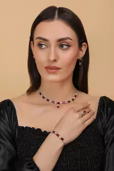 Rhodium Plated Red Stone Embellished CZ Necklace 317FNN331
