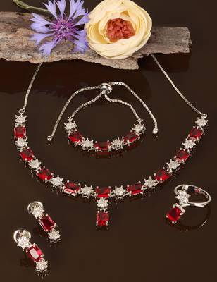 Rhodium Plated Red Stone Embellished CZ Necklace 317FNN331 1