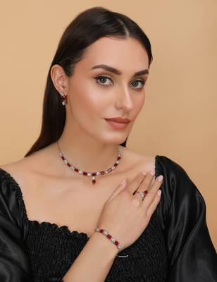 Rhodium Plated Red Stone Embellished CZ Necklace 317FNN331 3