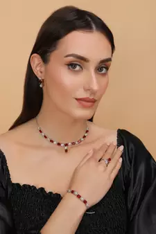 Rhodium Plated Red Stone Embellished CZ Necklace 317FNN331