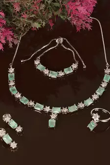 Rhodium Plated Mint Stone Embellished CZ Necklace 317FNN332