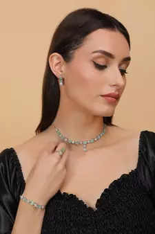 Rhodium Plated Mint Stone Embellished CZ Necklace 317FNN332