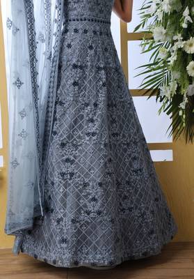 GREY  THREAD EMBROIDERED WORK NET ANARKALI LONG SALWAR SUIT DUPATTA GOWN SEMI STITCHED 6