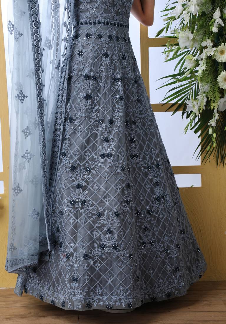 GREY  THREAD EMBROIDERED WORK NET ANARKALI LONG SALWAR SUIT DUPATTA GOWN SEMI STITCHED