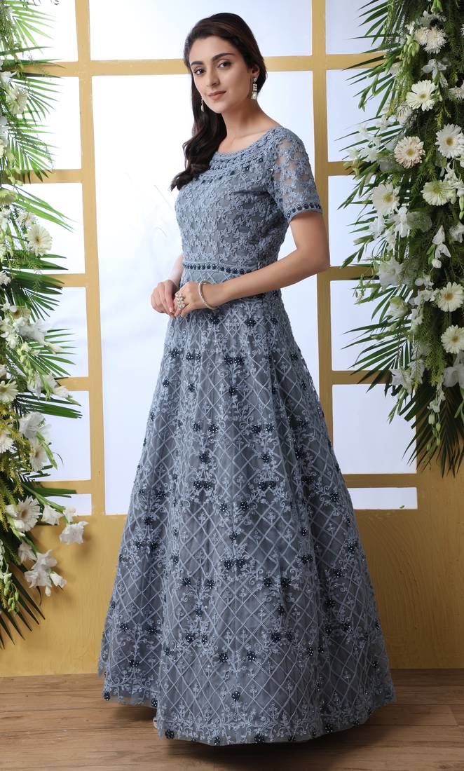 GREY  THREAD EMBROIDERED WORK NET ANARKALI LONG SALWAR SUIT DUPATTA GOWN SEMI STITCHED