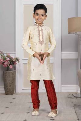 Fawn embroidered art silk boys-kurta-pyjama 1