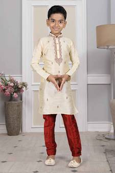 Fawn embroidered art silk boys-kurta-pyjama